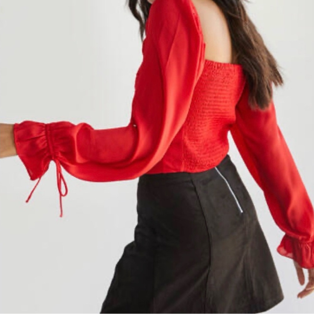 miami- Red Square-Neck Pleated Peasant Blouse Size M - Picture 3 of 12